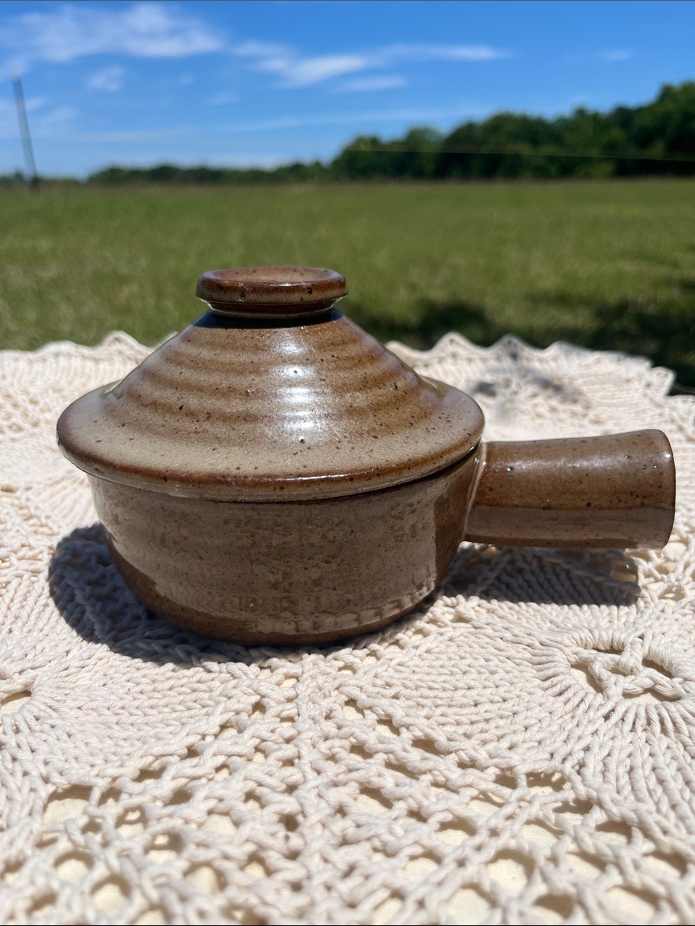 Stoneware Lidded Pot with Side Handle - Brown Speckled Glaze